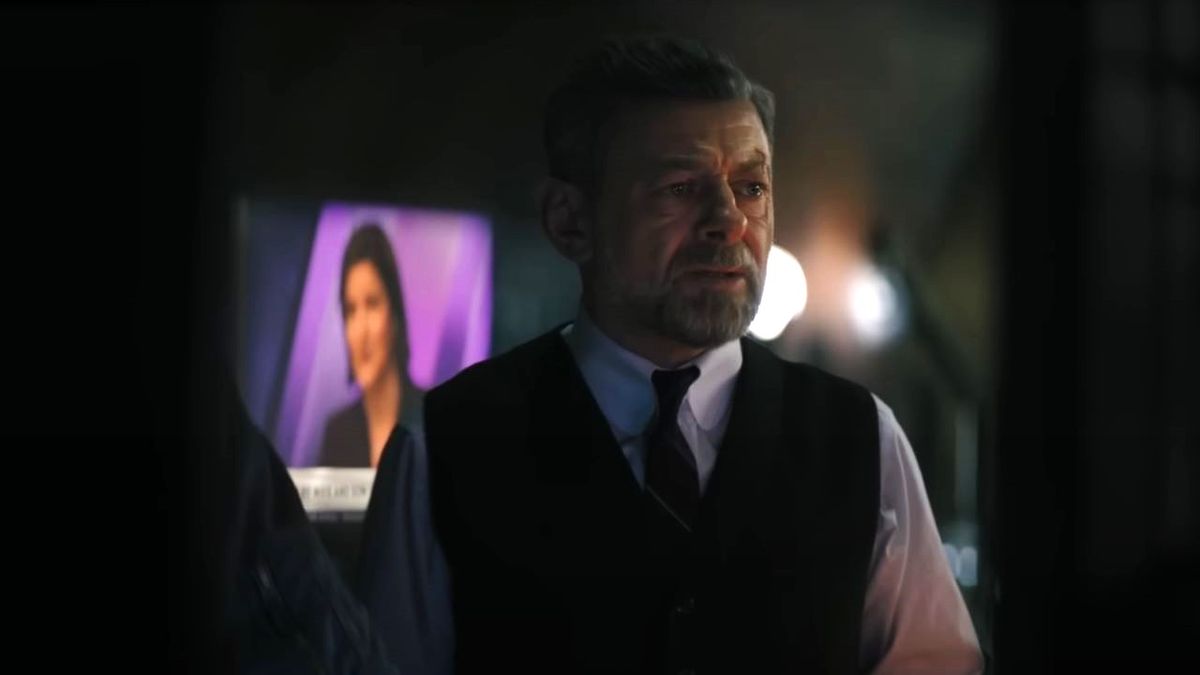 Andy Serkis as Alfred in The Batman looking distressed