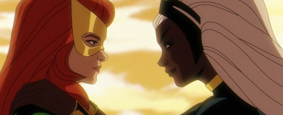 Jean Grey and Storm embracing one another in X-Men