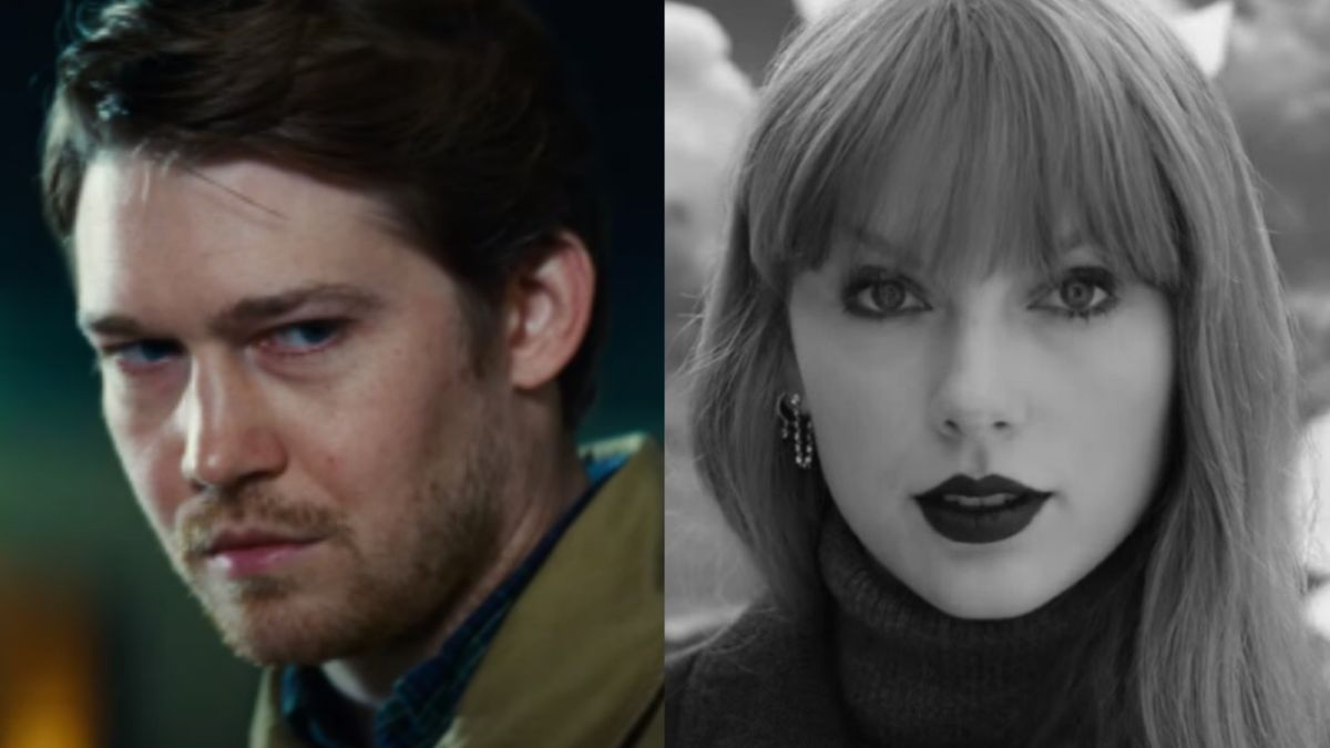 Joe Alywn looking angry in Kinds of Kindness and Taylor swift looking into camera in b&w Fortnight video