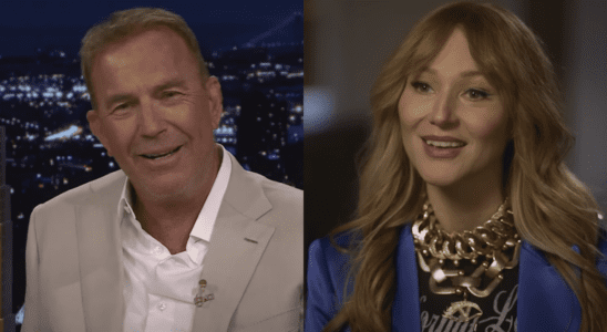 Side by side image of Kevin Costner smiling while responding to Jimmy Fallon on The Tonight Show next to Jewel smiling during interview on PBS