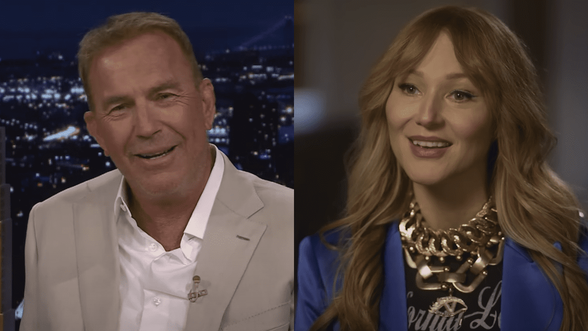 Side by side image of Kevin Costner smiling while responding to Jimmy Fallon on The Tonight Show next to Jewel smiling during interview on PBS