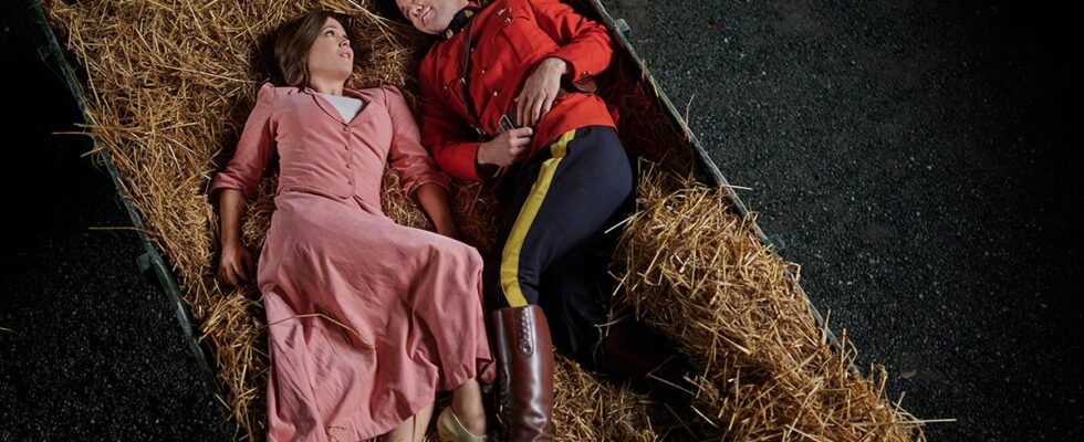 Erin Krakow and Kevin McGarry share dreams while laying on hay in a barn, When Calls The Heart Season 11.