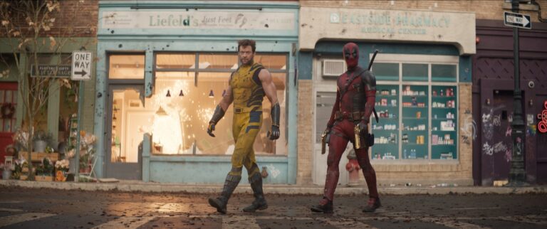 (L-R): Hugh Jackman as Wolverine/Logan and Ryan Reynolds as Deadpool/Wade Wilson in 20th Century Studios/Marvel Studios' DEADPOOL & WOLVERINE. Photo courtesy of 20th Century Studios/Marvel Studios. © 2024 20th Century Studios / © and ™ 2024 MARVEL.