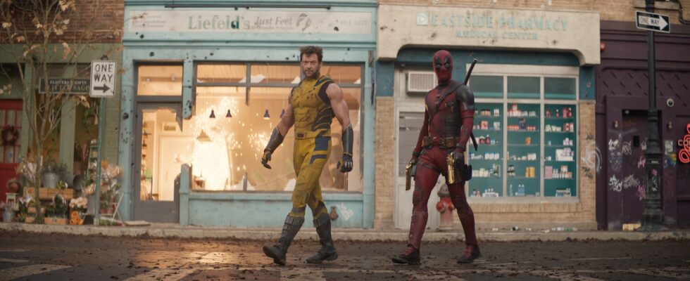 (L-R): Hugh Jackman as Wolverine/Logan and Ryan Reynolds as Deadpool/Wade Wilson in 20th Century Studios/Marvel Studios' DEADPOOL & WOLVERINE. Photo courtesy of 20th Century Studios/Marvel Studios. © 2024 20th Century Studios / © and ™ 2024 MARVEL.