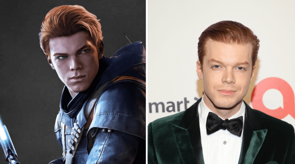 Une image divisée montrant Cameron Monaghan d'un côté et son personnage Cal Kestis de l'autre, soulignant la transformation d'acteur en chevalier Jedi dans Star Wars Jedi : Fallen Order.