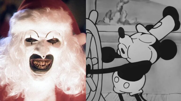 Art the Killer Clown Terrifying a small child on Christmas in Terrifier 3, Mickey Mouse in Steamboat Willie Disney