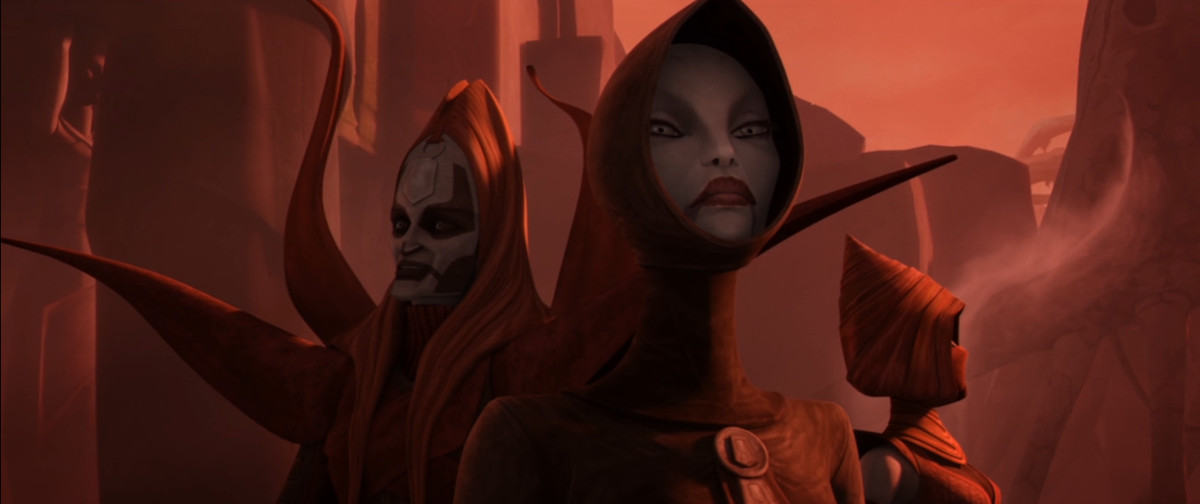 Asajj Ventress dans une capuche avec certaines des sorcières de Dathomir dans un épisode de The Clone Wars