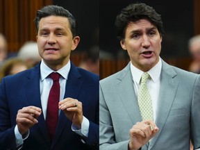 Deux images combinées : le chef conservateur Pierre Poilievre (à gauche) et le premier ministre Justin Trudeau pendant la période des questions à la Chambre des communes sur la Colline du Parlement à Ottawa, le mardi 28 mai 2024.