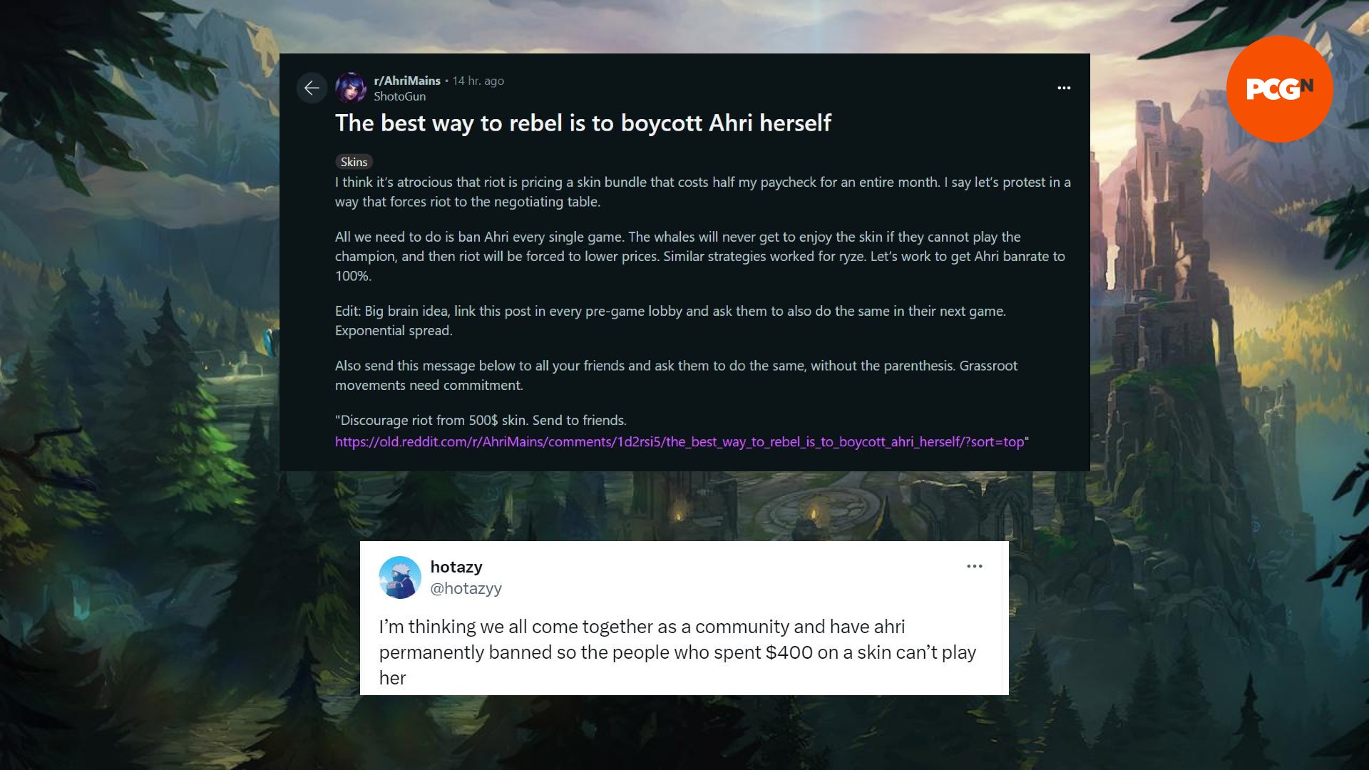 Une image d'une menace Reddit et un commentaire X discutant du bannissement permanent d'Ahri après la sortie du skin Faker Hall of Legends