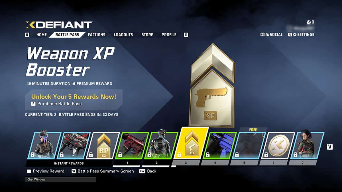 Écran de jeu montrant les récompenses du Battle Pass dans XDefiant.  Écrans du panneau central "Booster d'XP d'arme" et des informations connexes pour vous aider à passer au niveau supérieur rapidement.  Ci-dessous, les niveaux 5 à 10 présentent diverses icônes de récompense.