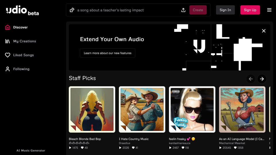 Capture d'écran de l'écran d'accueil du générateur de musique Udio AI.
