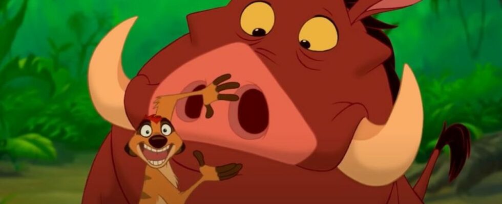 Timone standing in front of Pumbaa and covering his mouth in the Lion King.