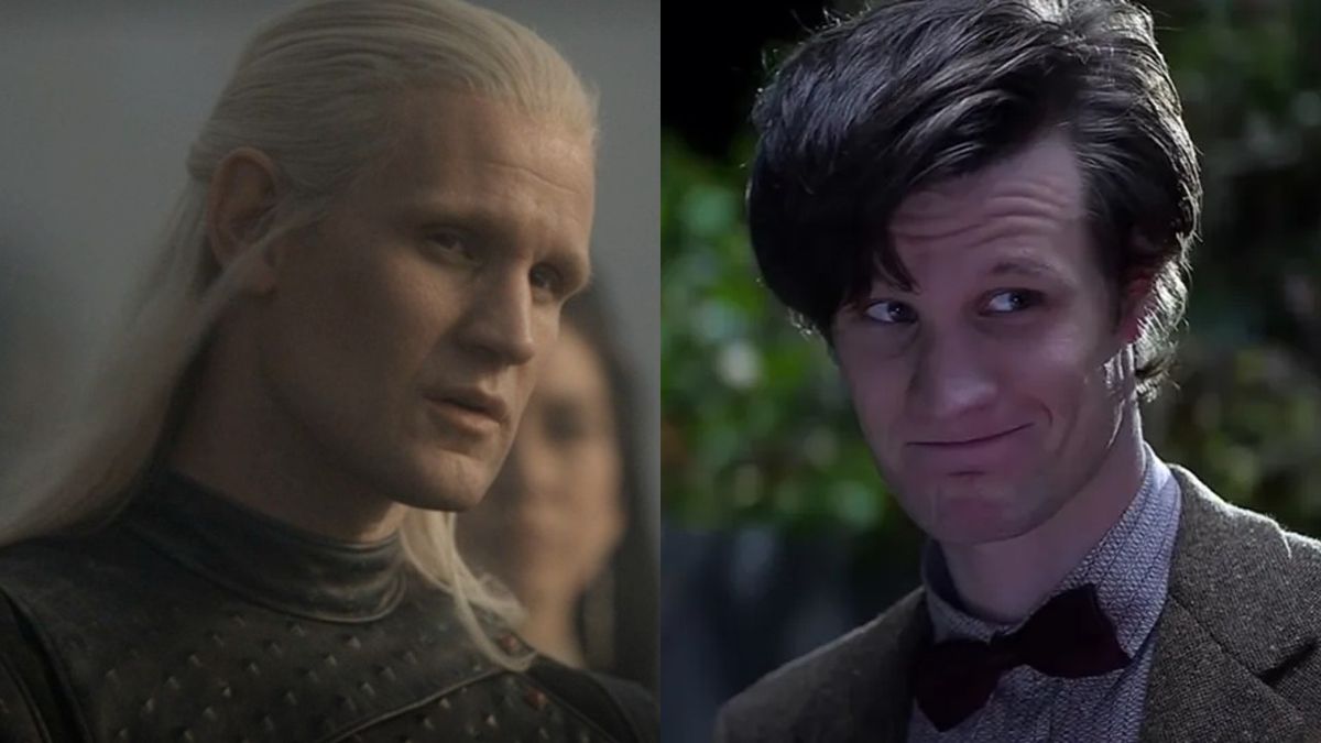 From left to right: Matt Smith as Daemon Targaryen looking intimidating in House of the Dragon and Matt Smith as the Eleventh Doctor smiling in Doctor Who.