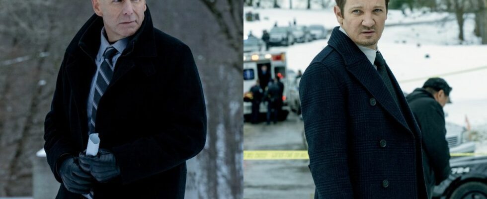 From left to right: side-by-side press image of Hugh Dillon as Ian looking to his right while standing in the show and Jeremy Renner looking over his shoulder to his left while standing in a cemetary in Season 3 of Mayor of Kingstown.