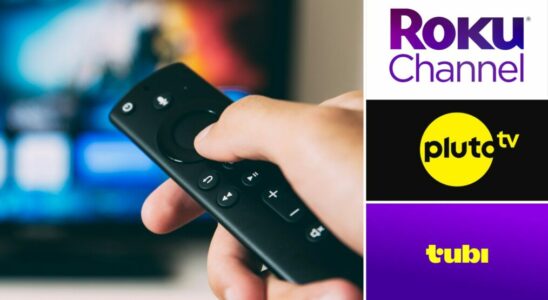 The Roku Channel, Pluto TV, and Tubi logos