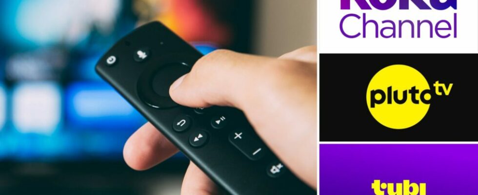 The Roku Channel, Pluto TV, and Tubi logos