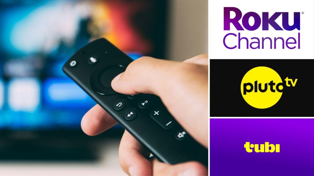 The Roku Channel, Pluto TV, and Tubi logos