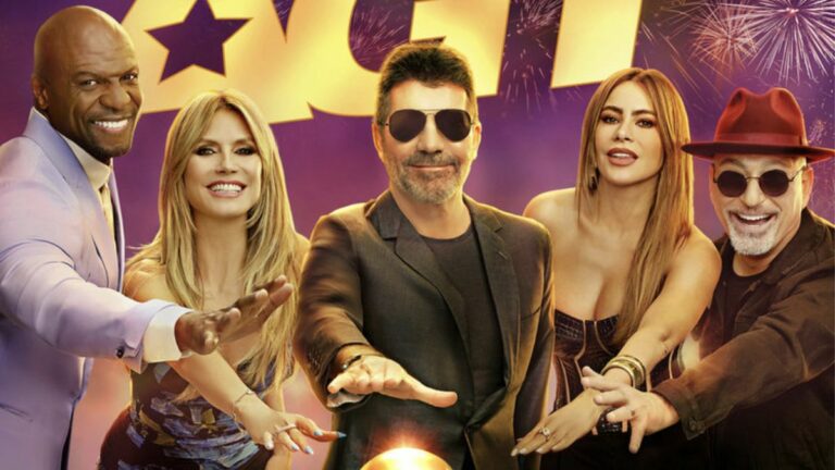 Terry Crews, Heidi Klum, Simon Cowell, Sofia Vergara and Howie Mandel all reaching to hit the golden buzzer in key art for America