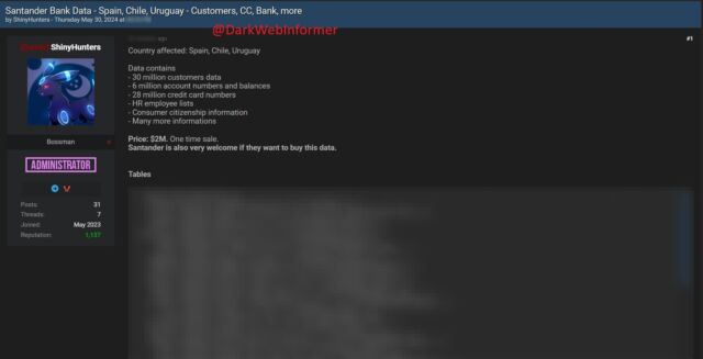 Message de ShinyHunters cherchant 2 millions de dollars pour les données de Santander.