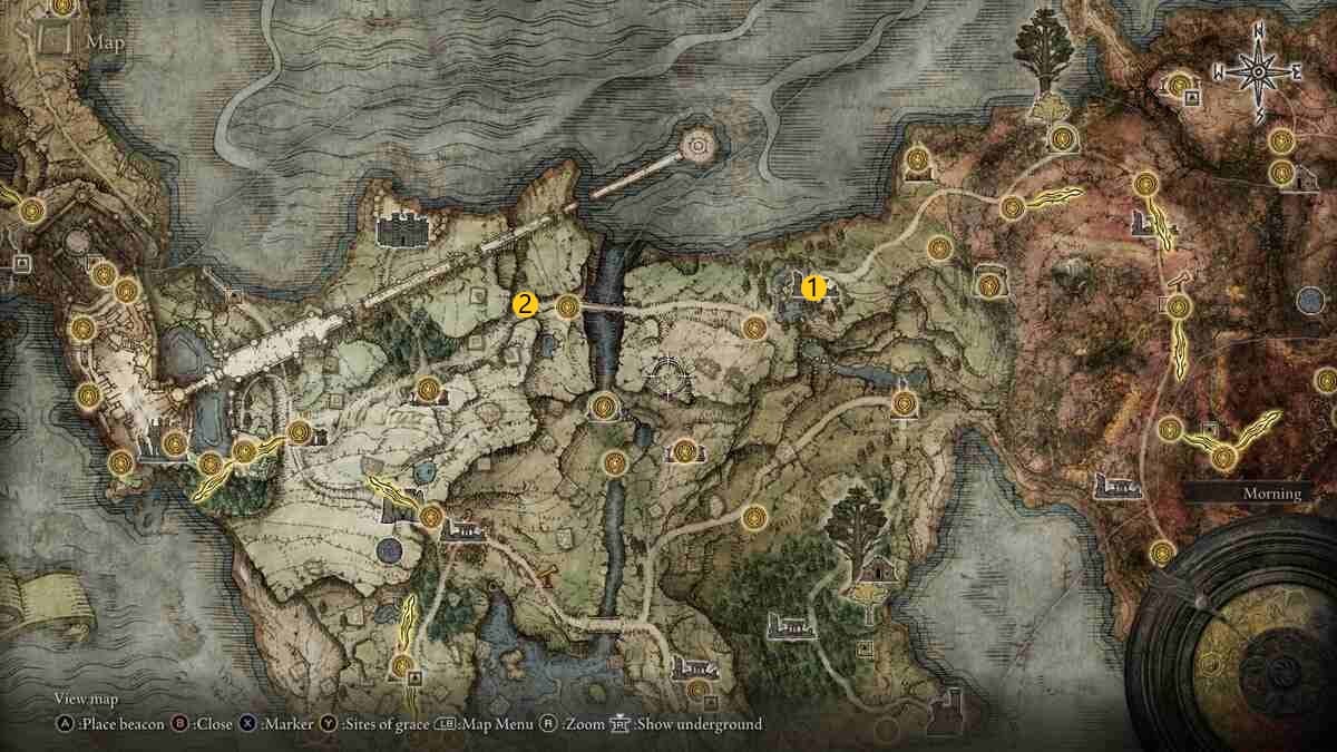 Emplacements d'Elden Ring Deathroot : La carte Elden Ring avec des marqueurs des deux Deathroots à Limgrave.