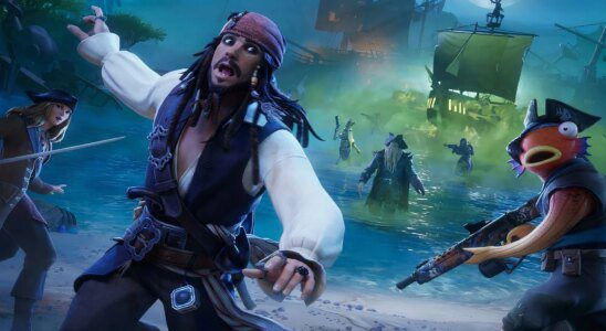 Jack Sparrow running from Davy Jones in Fortnite.