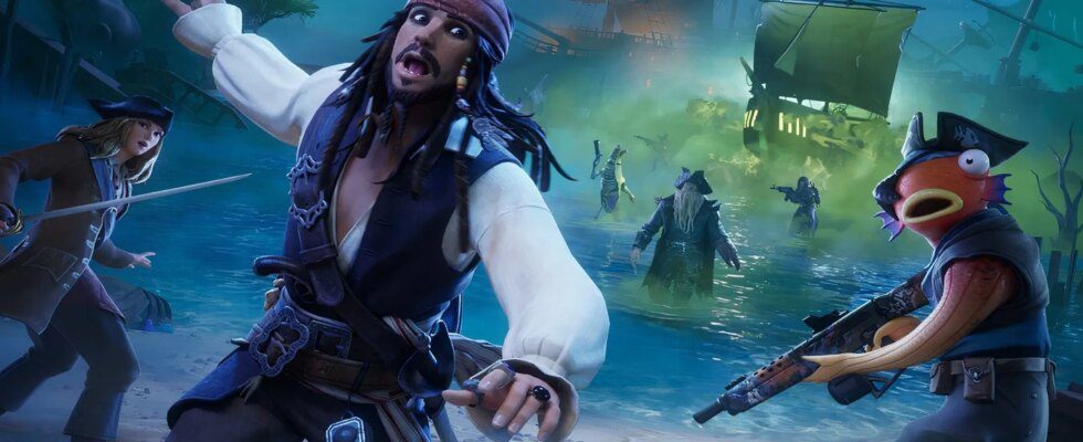 Jack Sparrow running from Davy Jones in Fortnite.