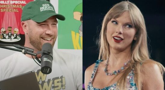 From left to right: Travis Kelce smiling on New Heights and Taylor Swift smiling and looking over her right shoulder during the Eras Tour.