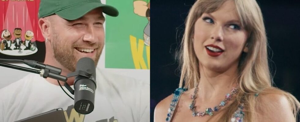 From left to right: Travis Kelce smiling on New Heights and Taylor Swift smiling and looking over her right shoulder during the Eras Tour.