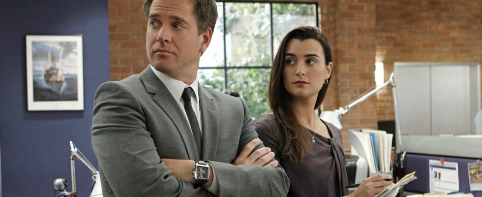 Michael Weatherly with arms crossed and Cote de Pablo holding some papers on NCIS