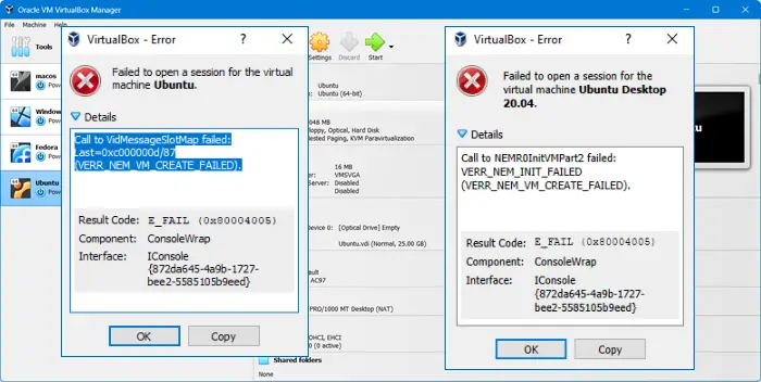 VERR_NEM_VM_CREATE_FAILED VirtualBox ne parvient pas à démarrer