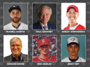 Les intronisés au Temple de la renommée du baseball canadien en 2024 comprennent, dans le sens des aiguilles d'une montre, en partant du coin supérieur gauche, Russell Martin, Paul Godfrey, Ashley Stephenson, Jimmy Key, Rod Heisler et Howard Birnie.