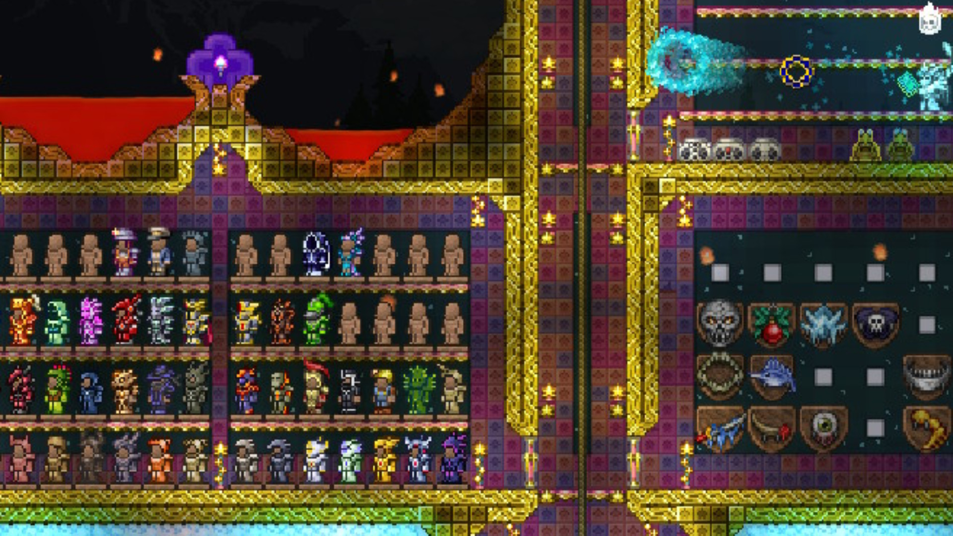 Mise à jour de Terraria 1.4.5 - Une gamme de mannequins portant divers ensembles d'armures, y compris certains nouveaux types.