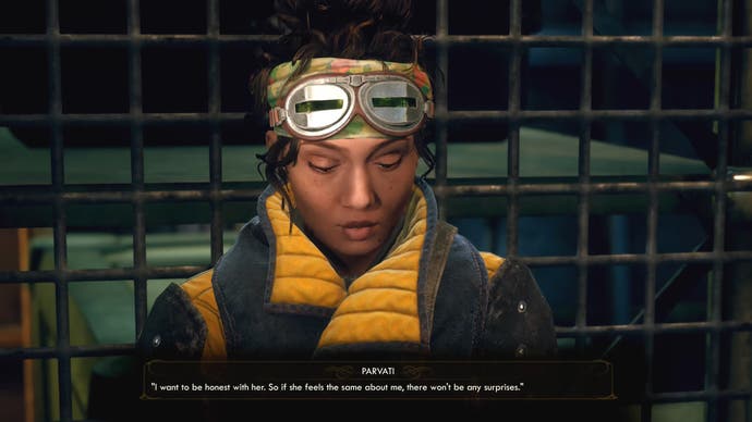 Capture d'écran de The Outer Worlds montrant une conversation avec Parvati Holcomb. La légende dit : "Je veux être honnête avec elle. Donc si elle ressent la même chose pour moi, il n'y aura pas de surprises."