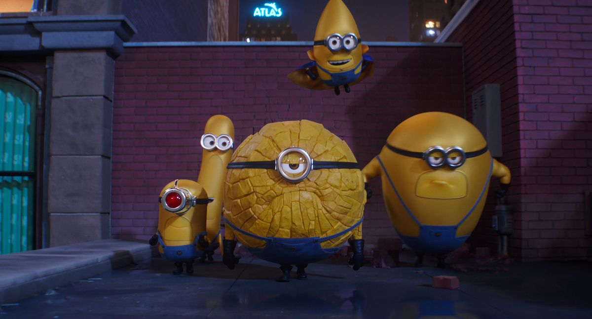 Un groupe de Minions, désormais dotés de super pouvoirs, l'un ressemble à un rocher, l'autre à une fusée, l'un a des pouvoirs extensibles et l'autre a un gros œil laser. Et l'un est juste plus grand et plus fort.