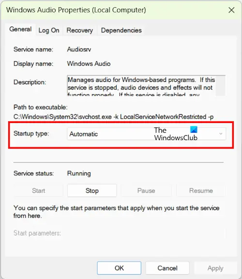 Type de démarrage du service audio Windows