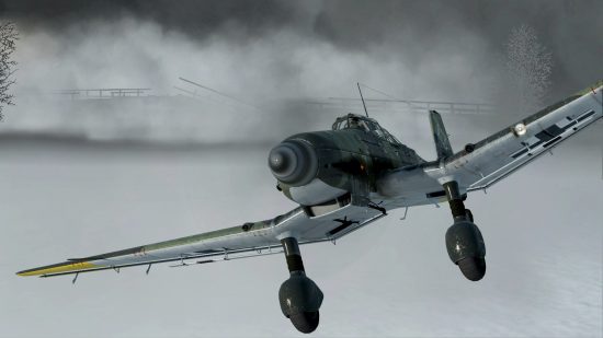 Un avion de chasse de la Seconde Guerre mondiale traverse le brouillard dans Sturmovik : Battle of Stalingrad, l'un des meilleurs jeux de vol et d'avion.