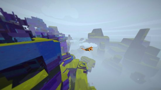 Une personne portant une combinaison de vol orange survole des falaises colorées et massives dans Superflight, l'un des meilleurs jeux de vol.