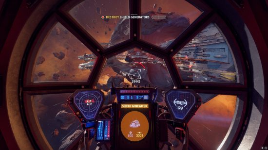 Meilleurs jeux de vol : la vue depuis l'intérieur du cockpit d'un vaisseau spatial Star Wars Squadrons.