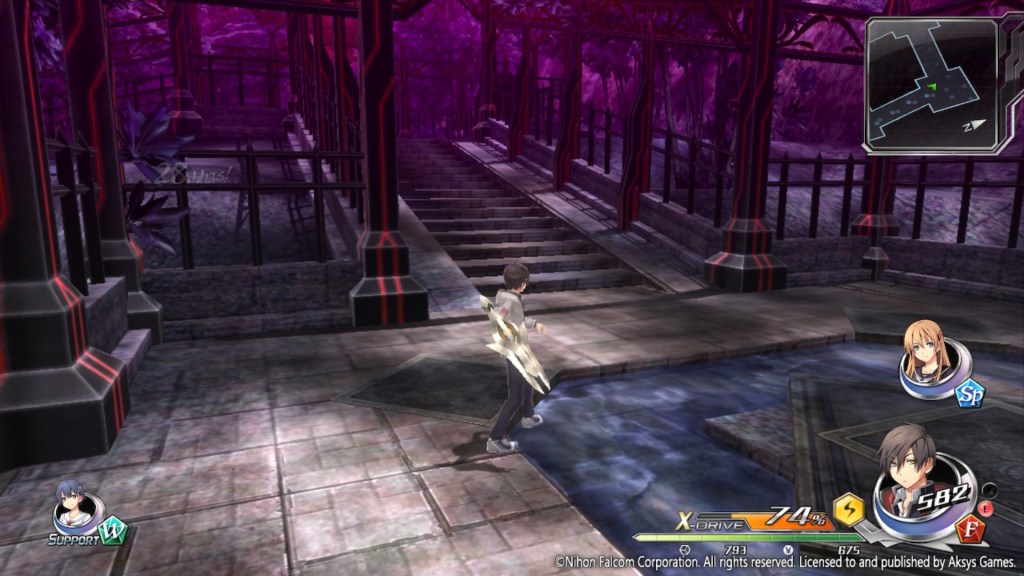 Capture d'écran de Tokyo Xanadu Ex+ montrant un personnage debout dans un donjon violet avec un étrange appareil sur son bras droit