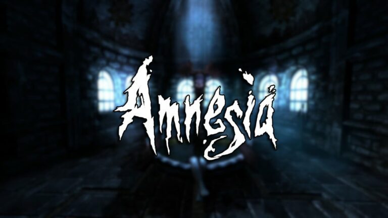 The Amnesia logo with a creepy fountain in the backgrond.