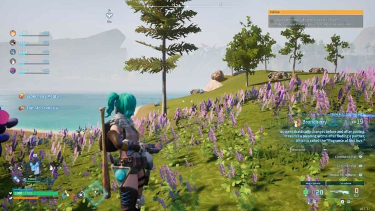 Player looks out over fields of flowers and water in Palworld