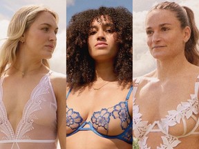 Ellie Boatman, à gauche, Celia Quansah, au milieu et Jasmine Joyce dans une publicité de lingerie pour la marque de soutien-gorge Bluebella.