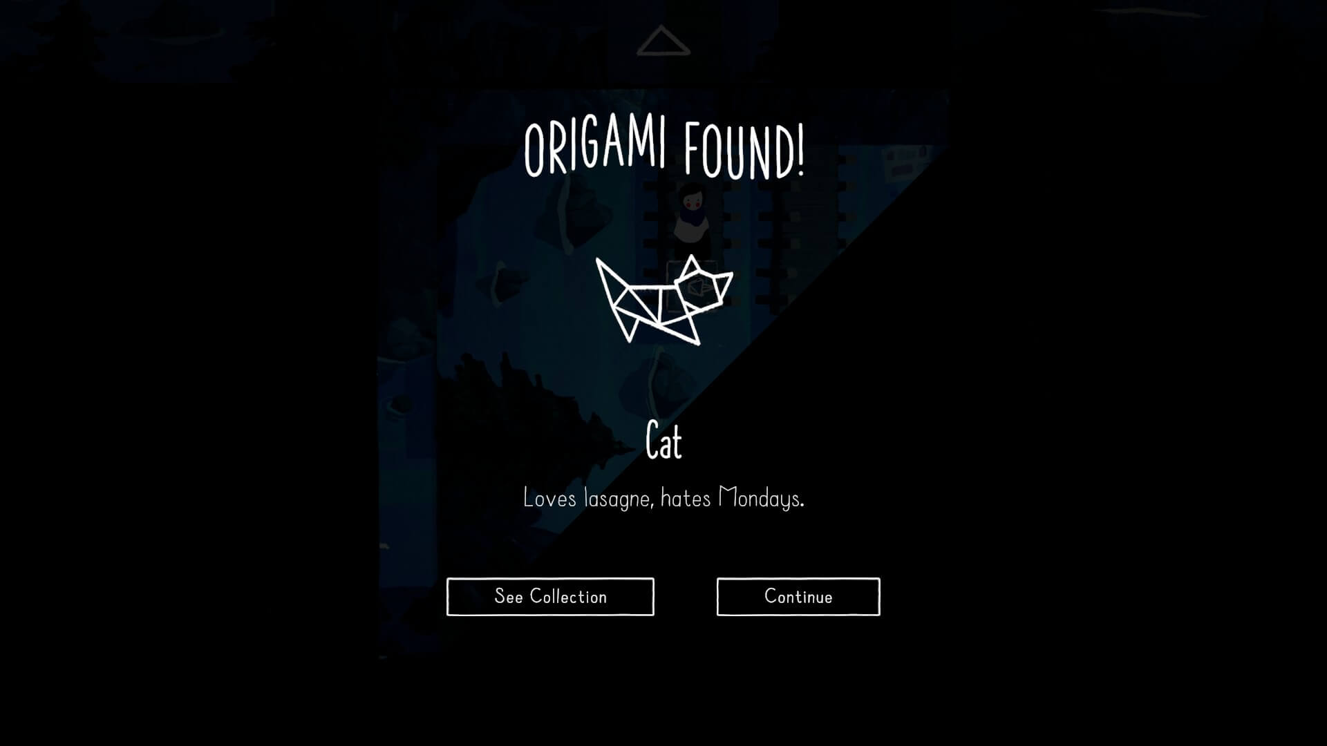 L'image indique « origami trouvé » et il y a un petit symbole d'un chat en origami. C'est le premier objet à collectionner du jeu