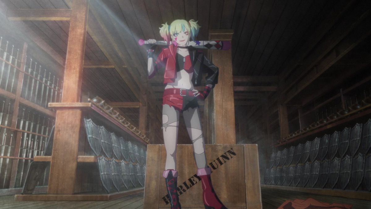 Harley Quinn dans un costume en cuir rouge et noir tenant une batte de baseball dans une armurerie médiévale