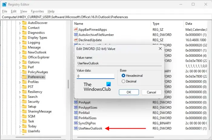 Modifier la valeur de registre UseNewOutlook