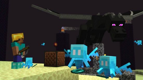 Commandes de la console Minecraft : Steve, équipé de bottes en diamant, d'un casque en or et d'une canne à pêche, utilise Allays pour collecter des perles d'Ender tout en écoutant sa boîte à musique. Le dragon Ender attaque au-dessus de sa tête.