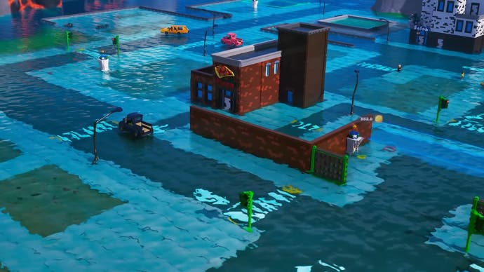 Capture d'écran de Lego Tycoon: Tilted Towers montrant un Tilted Towers inondé.