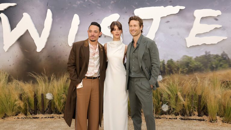 Anthony Ramos, Daisy Edgar-Jones, and Glen Powell attend the premiere of Universal Pictures' 'Twisters' on July 11, 2024, in Los Angeles.