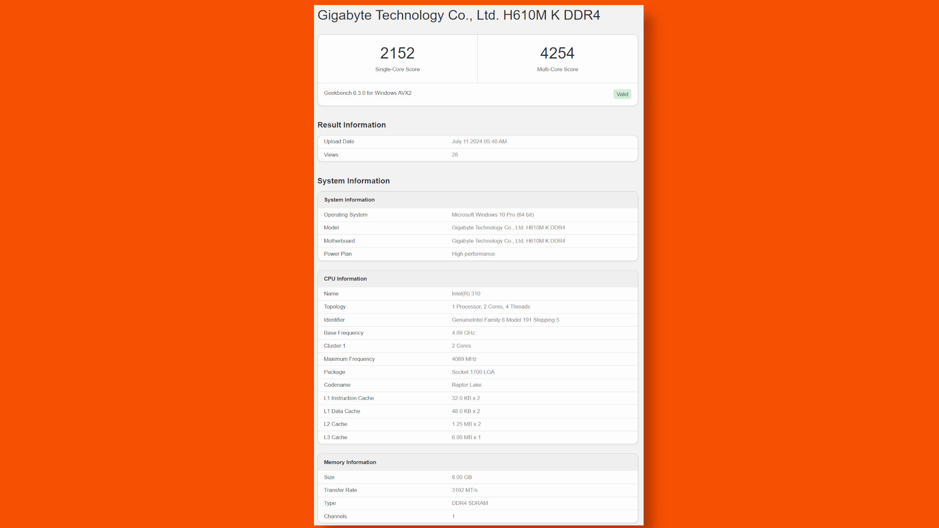 processeur Intel 310 double cœur geekbench