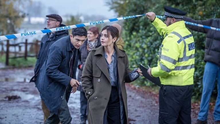 Detective Ember Manning (Jenna Coleman) arrives at the scene of a crime in new BBC drama The Jetty